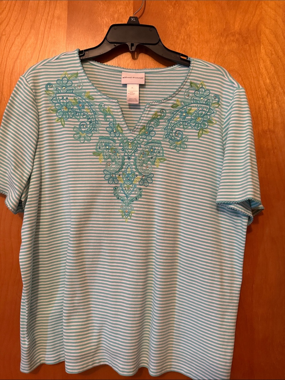 Alfred Dunner Aqua and White Striped V‑Neck Tee with Floral Embroidery